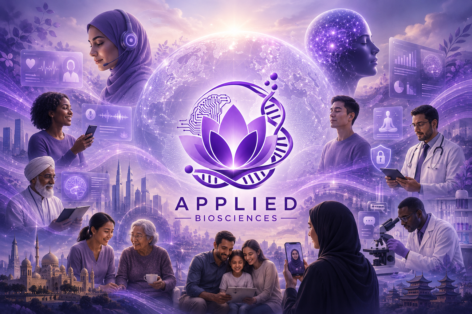 Applied Biosciences illustration bringing together people, clinical care and technology in shades of purple